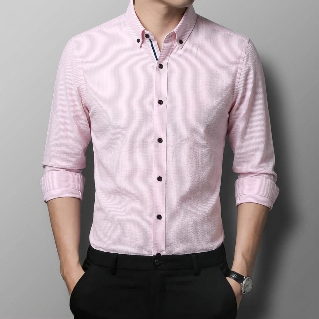 Premium Pastel Pink Button-Down Striped Shirt thumbnail 2