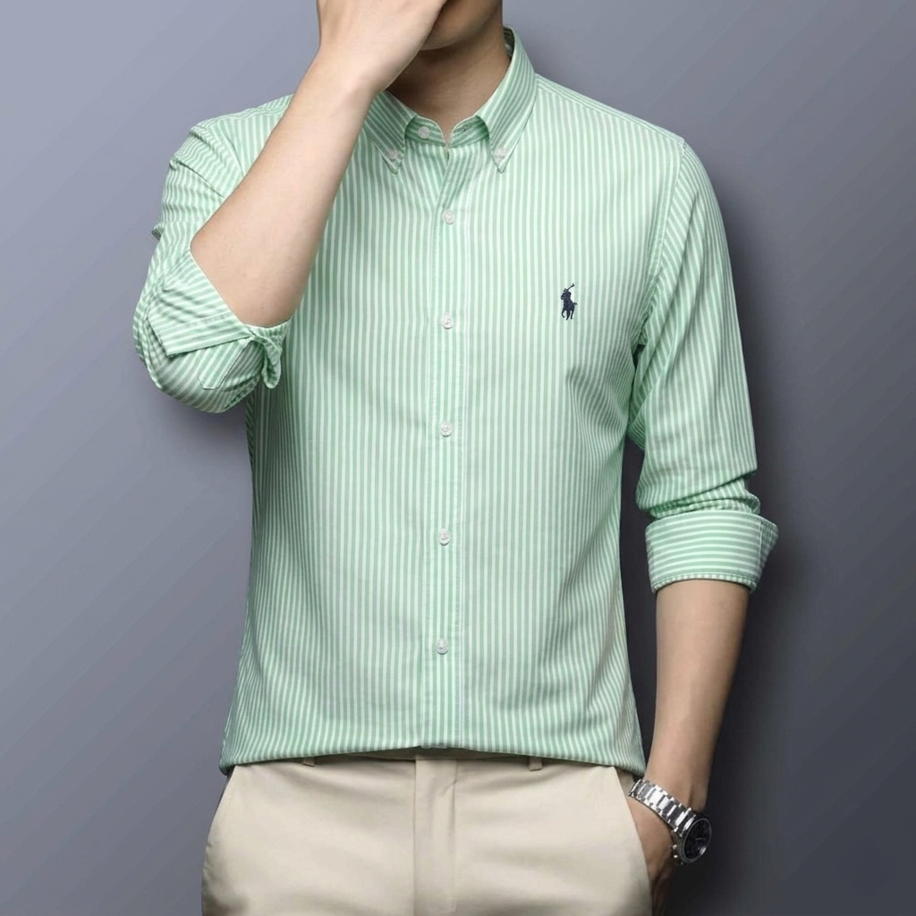 Men's Mint Green Vertical Striped Casual Shirt