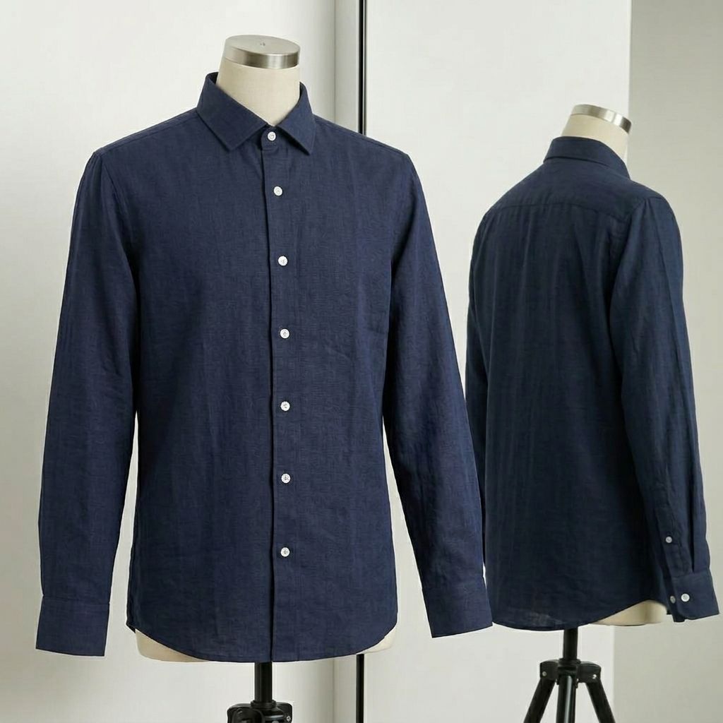 Premium Navy Blue Linen-Cotton Blend Shirt thumbnail 2