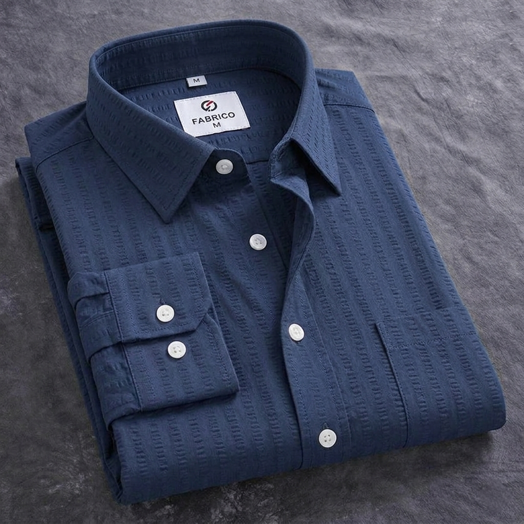 Premium Navy Blue Linen-Cotton Blend Shirt thumbnail 3