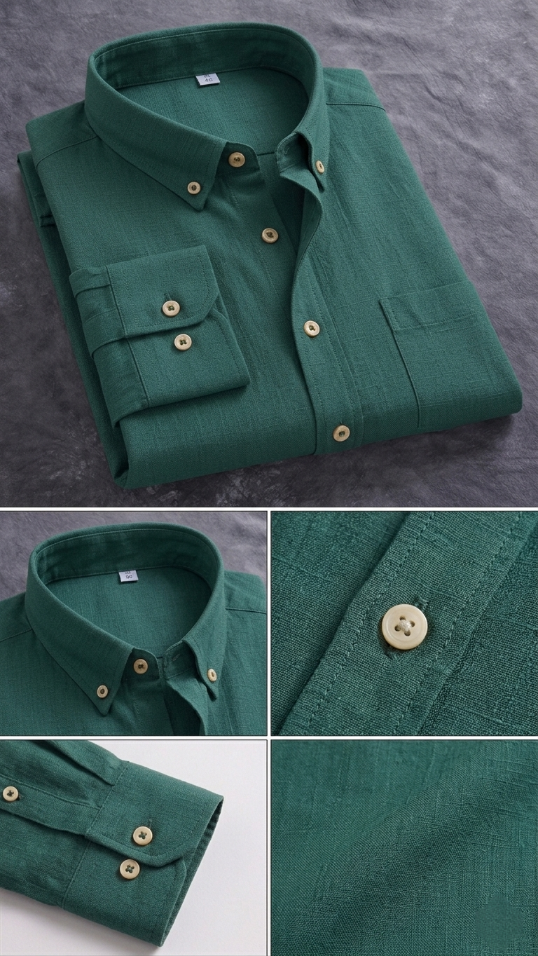 Classic Forest Green Slub-Cotton Casual Shirt thumbnail 3