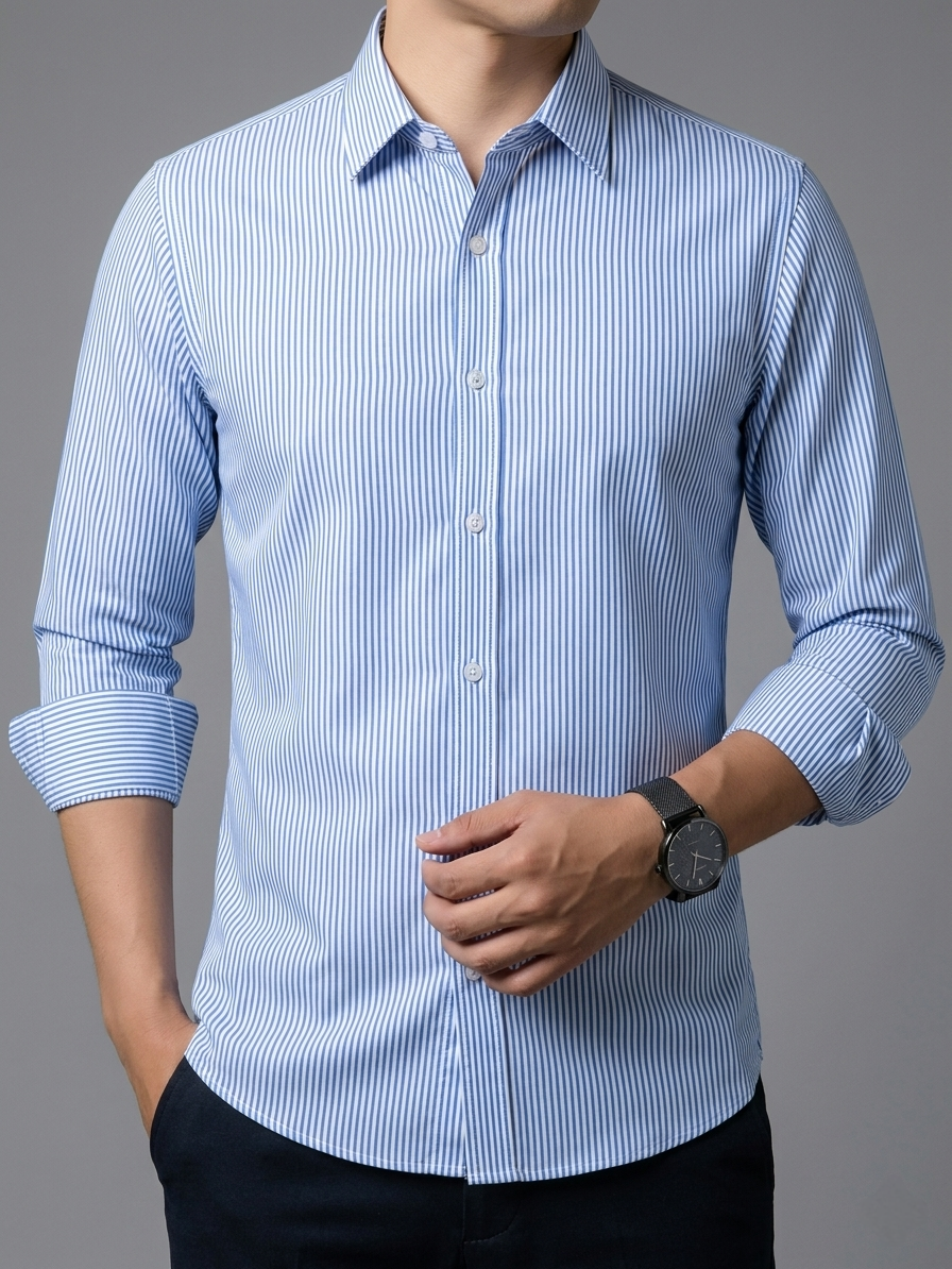 Men's Premium Blue & White Vertical Striped Full Sleeve Casual Shirt