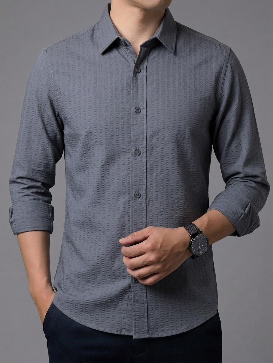 Men's Premium Charcoal Grey Textured Full Sleeve Casual Shirt