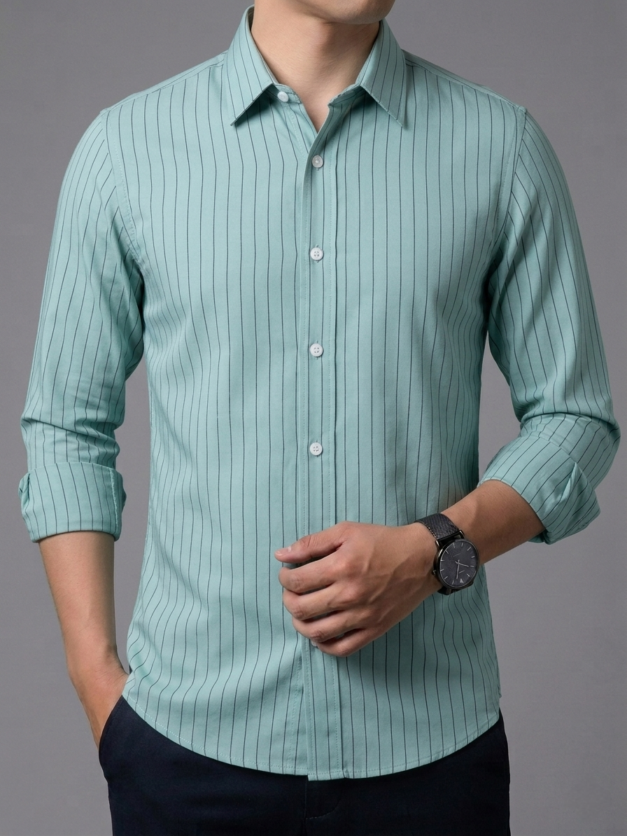 Premium Mint Green Pinstripe Full Sleeve Casual Shirt