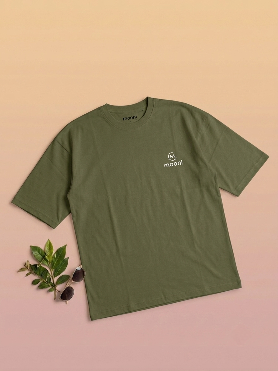 Mooni Premium Oversized T-Shirt – Olive Green | Minimal Logo Cotton Tee