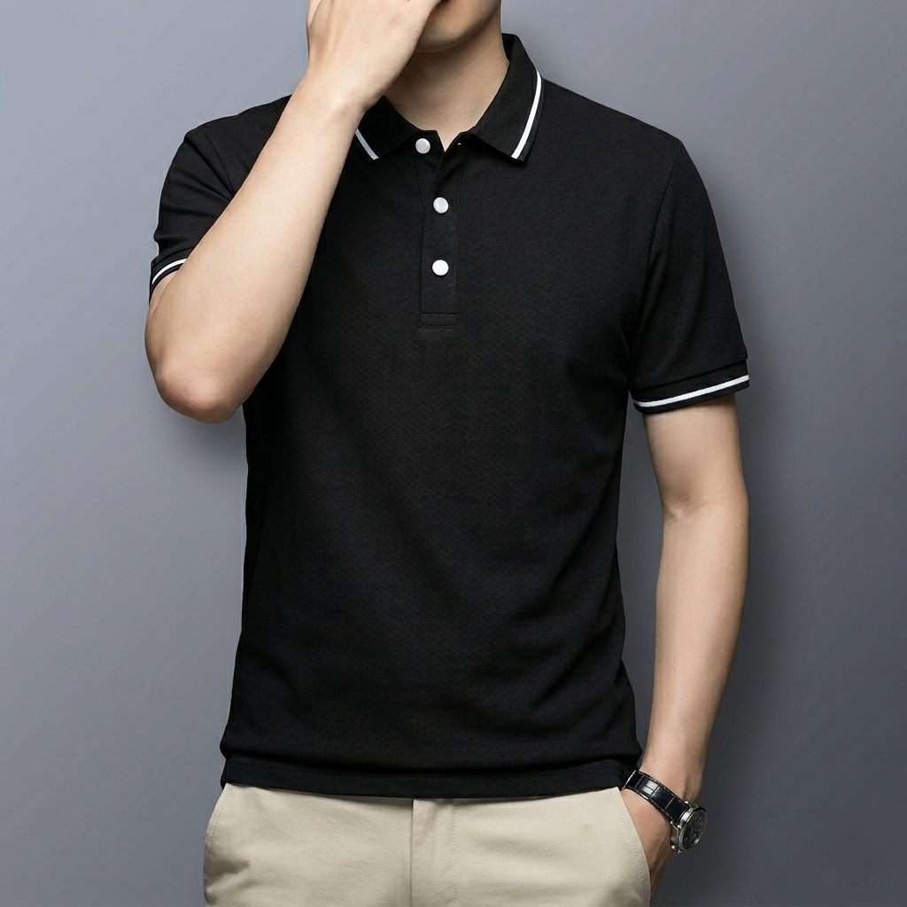 Premium Black Polo T-Shirt with Contrast Collar | Classic Cotton Polo