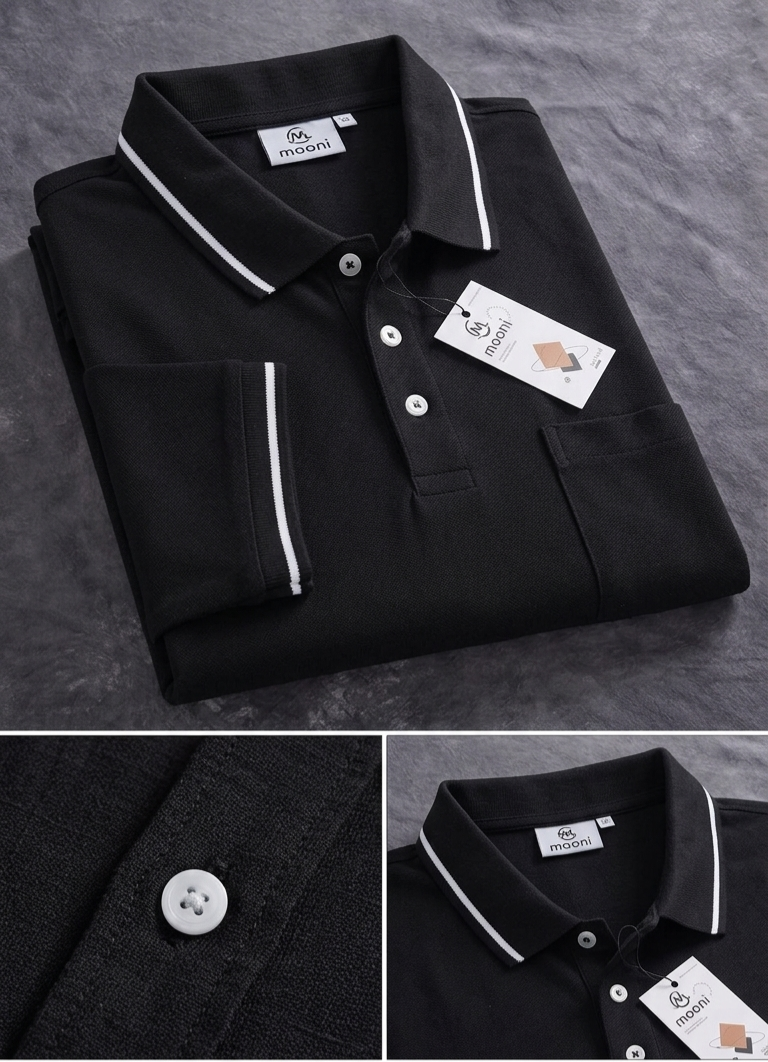 Premium Black Polo T-Shirt with Contrast Collar | Classic Cotton Polo alternate view