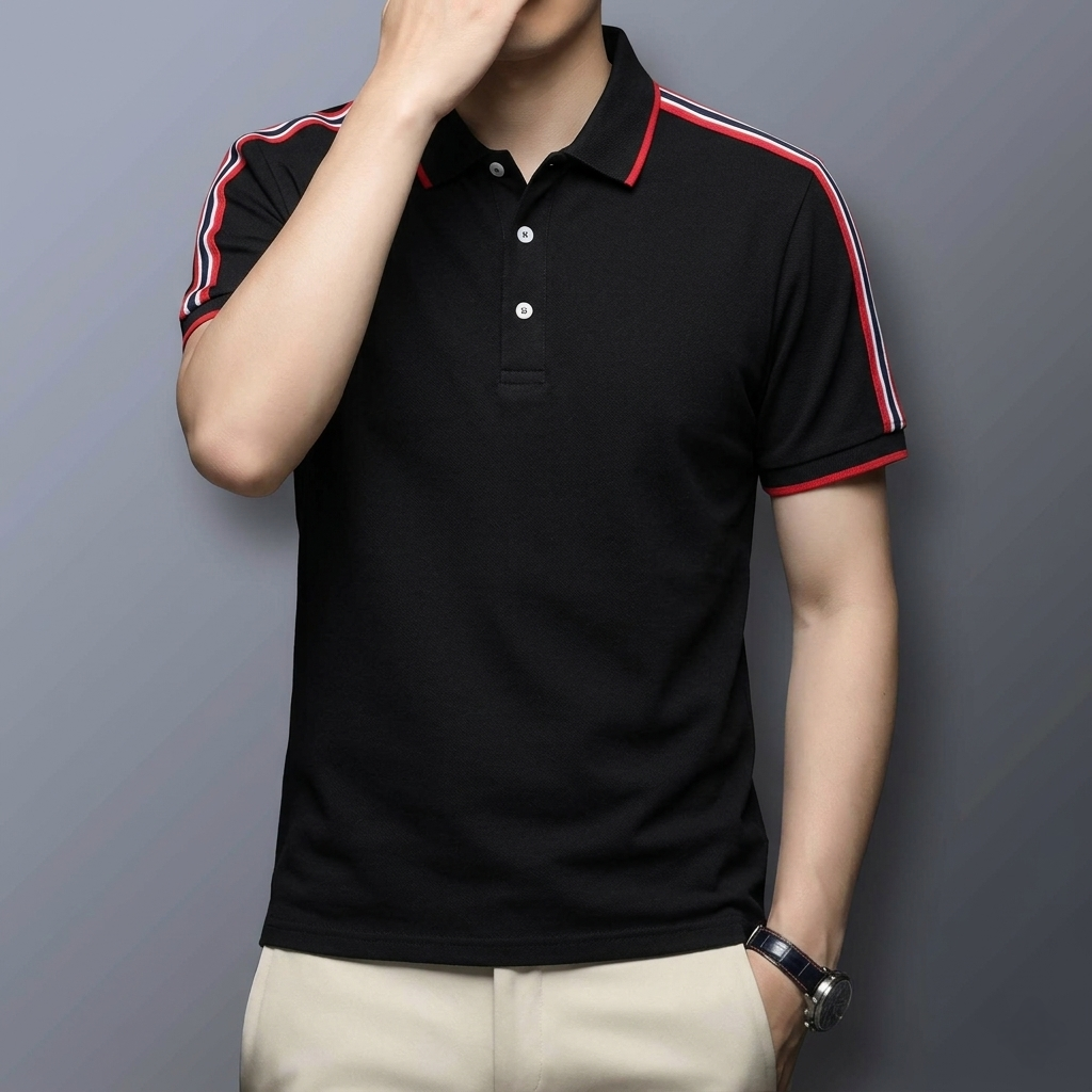 Premium Black Polo T-Shirt with Red Stripe Detail | Modern Cotton Polo
