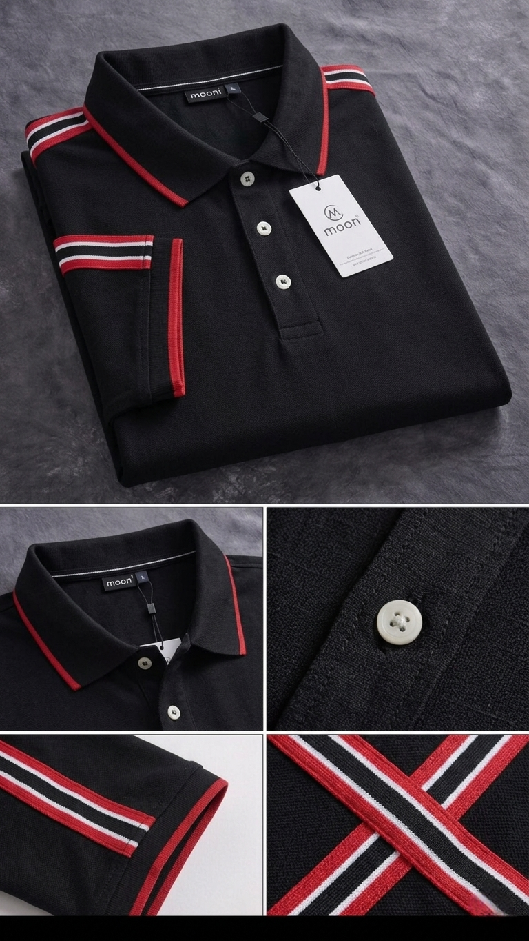 Premium Black Polo T-Shirt with Red Stripe Detail | Modern Cotton Polo alternate view