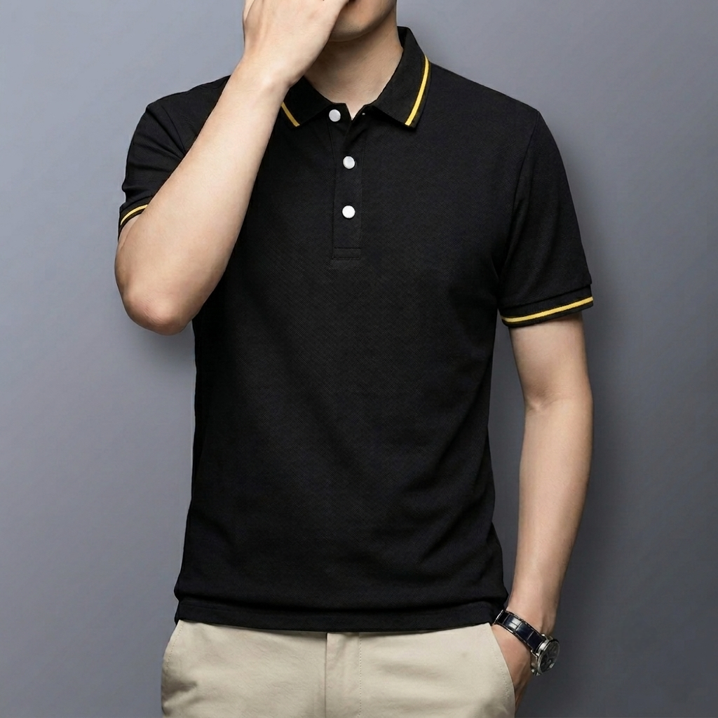 Premium Black Polo T-Shirt with yellow Stripe Detail | Modern Cotton Polo