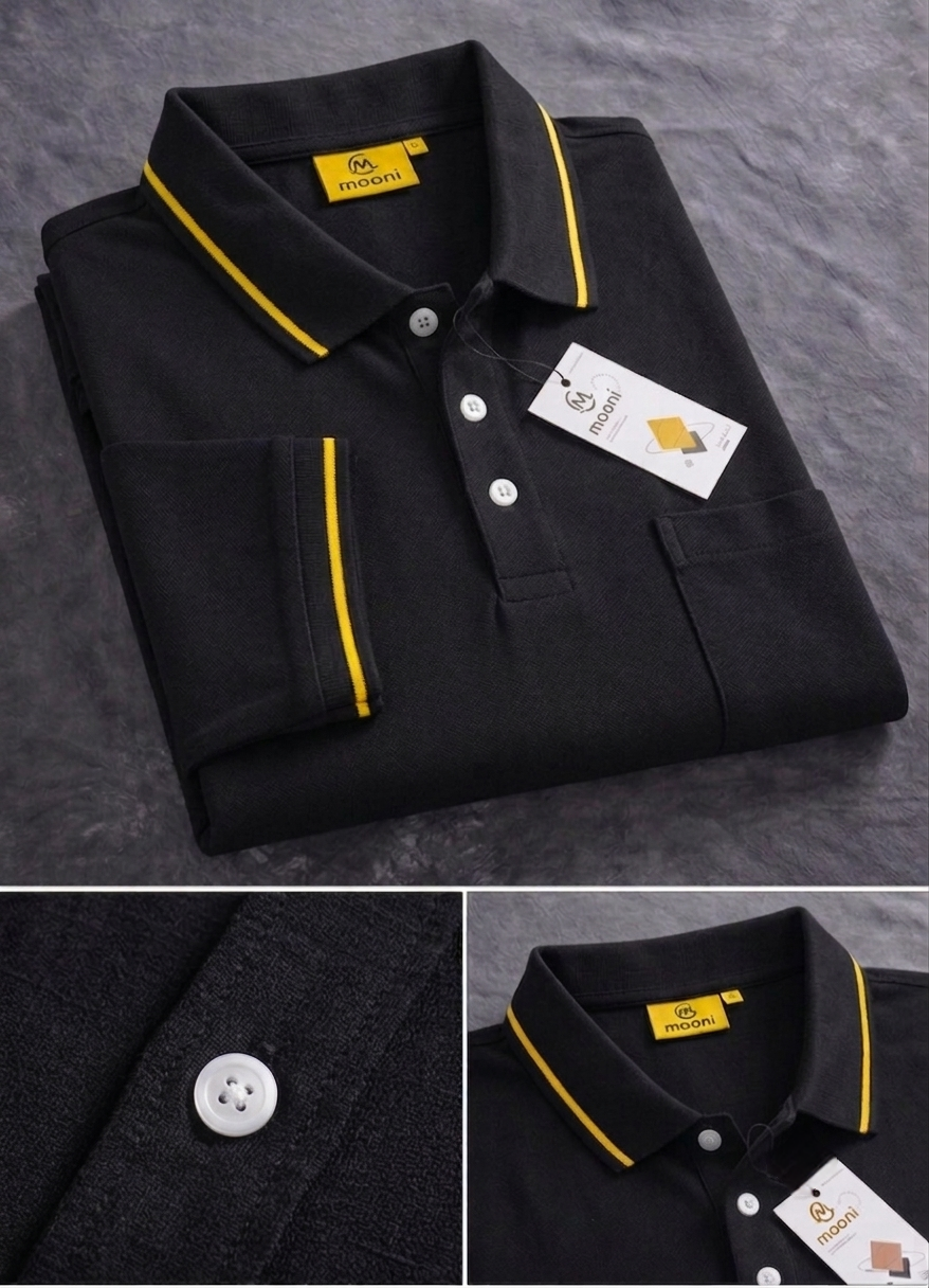 Premium Black Polo T-Shirt with yellow Stripe Detail | Modern Cotton Polo alternate view