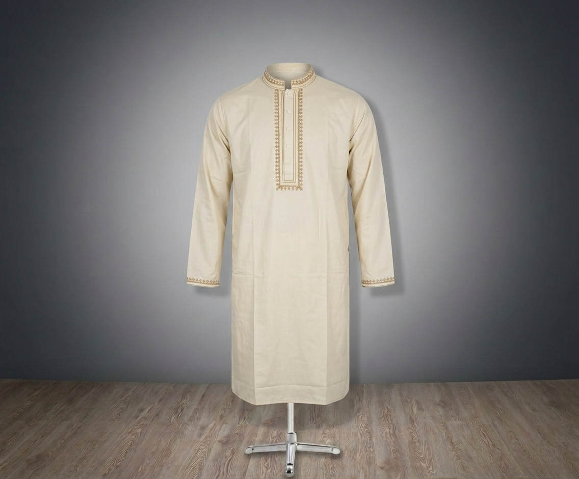 Premium Off-White Embroidered Men's Panjabi | Elegant Traditional Wear