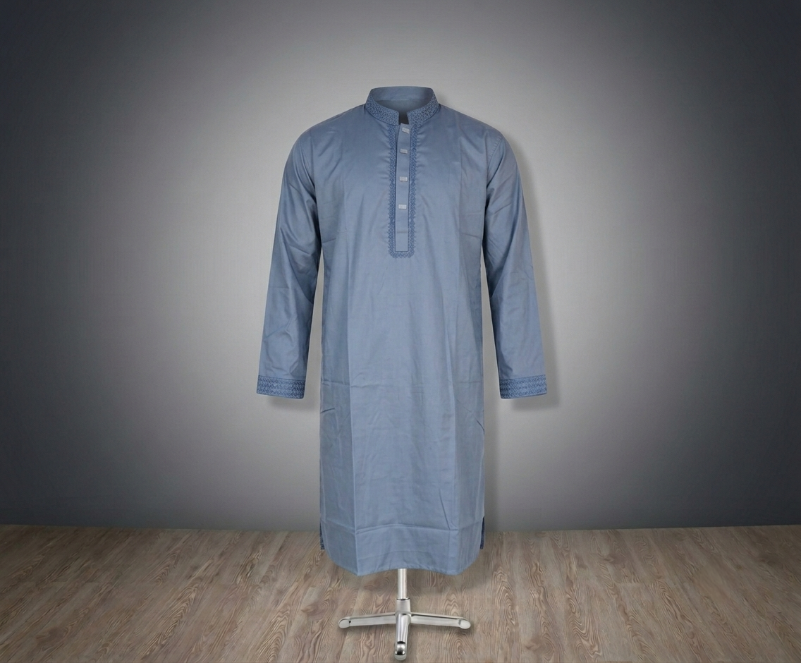 Premium Steel Blue Embroidered Men's Panjabi | Classic Traditional Wear